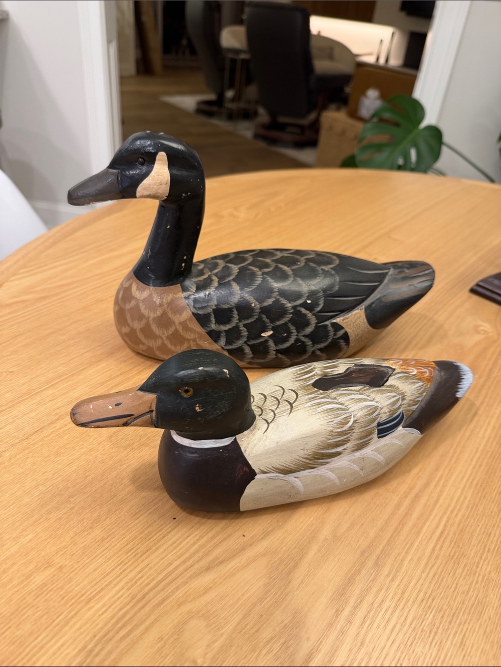 Set of 2 Red Shed Hand Painted Wooden Duck Decoys Canada Goose Mallard Rustic